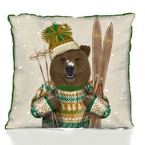 Bear pillow cover - Ski Bear Christmas Sweater skiing gift bear lover gift bear cushion cover ski lodge decor animal pillow cover funny gift