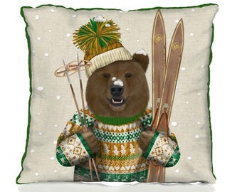 Bear pillow cover - Ski Bear Christmas Sweater skiing gift bear lover gift bear cushion cover ski lodge decor animal pillow cover funny gift