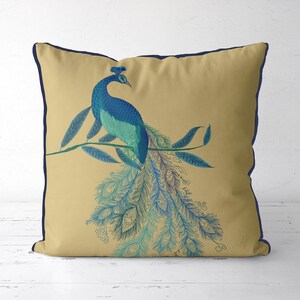 Peacock kussensloop - Doodle Tail Peacock - Peacock kussenhoes, goud designer kussen, goud blauw groen, sierkussens, modern kussen