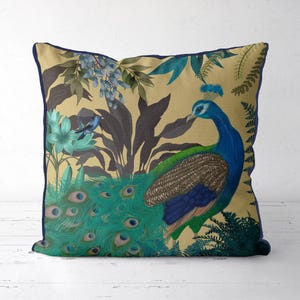 Peacock Pillow Cover, Botanical Garden Design in Gold Blue Turquoise and Green, Exotic Bird Cushion