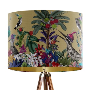 Glorious Plumes Bird Lampshade, Gold - Large lamp shade with gold lining, botanical lampshade for table lamp or pendant Designer lamp shade