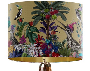 Glorious Plumes Bird Lampshade, Gold - Large lamp shade with gold lining, botanical lampshade for table lamp or pendant Designer lamp shade