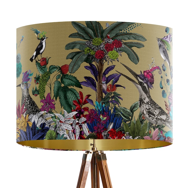 Glorious Plumes Bird Lampshade, Gold - Large lamp shade with gold lining, botanical lampshade for table lamp or pendant Designer lamp shade