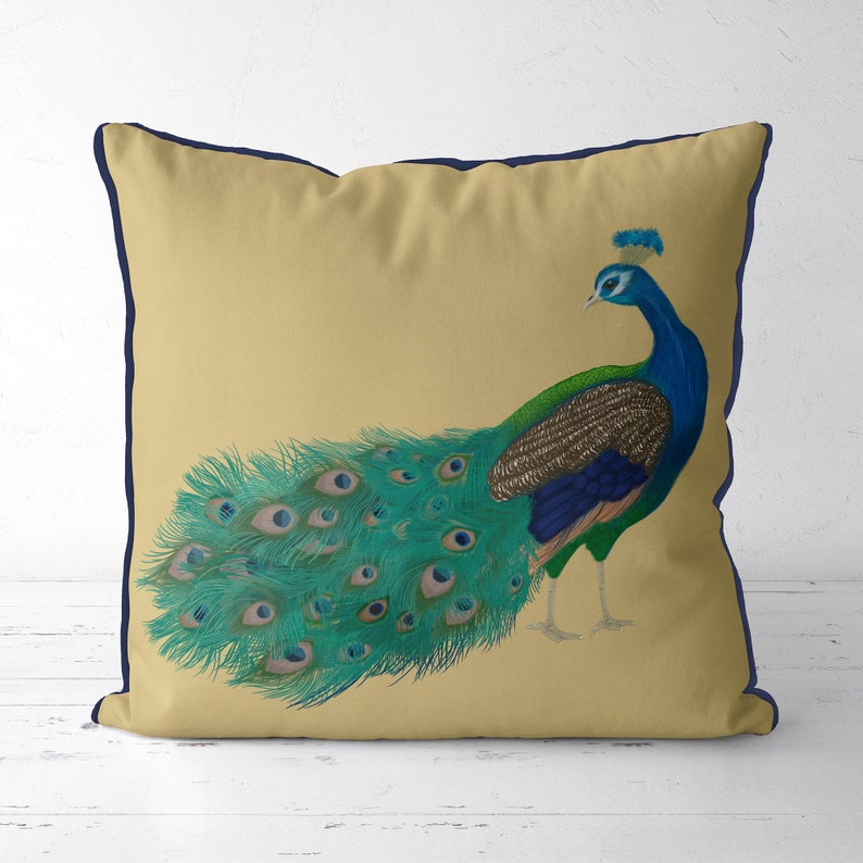 modern pillow Peacock Head Turned Peacock Pillow cover scatter cushions Peacock cushion cover Gold blue green teal decor Pillow sham