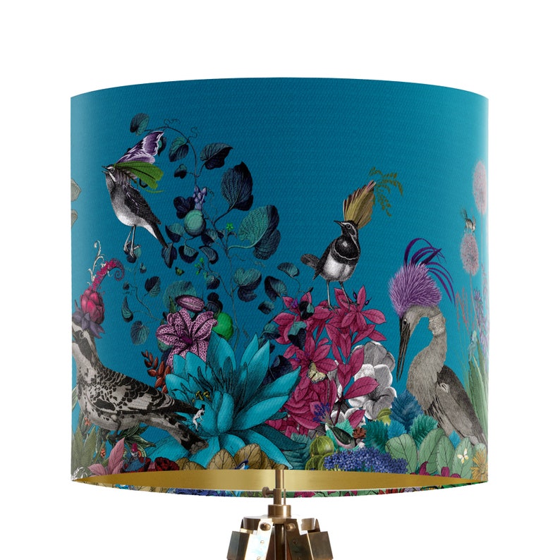 Glorious Plumes Bird Lampshade, Blue - Large lamp shade with gold lining, lampshade for table lamp or pendant, Designer fabric lamp shade image 2