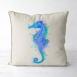 Funda de almohada de caballito de mar azul, cojín con acento costero, decoración náutica, decoración de playa, decoración de casa de playa, cojín de caballito de mar, regalos