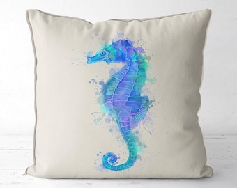 Blue Seahorse Pillow Cover, Coastal Nautical Decor