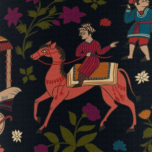 May include: A pink horse with a rider in a red and white striped shirt and orange pants. The horse is decorated with white and blue details. The background is black with floral patterns in shades of pink, green, and blue.