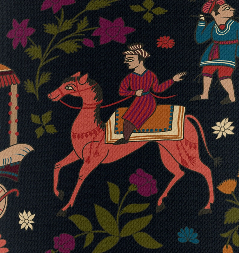 May include: A pink horse with a rider in a red and white striped shirt and orange pants. The horse is decorated with white and blue details. The background is black with floral patterns in shades of pink, green, and blue.