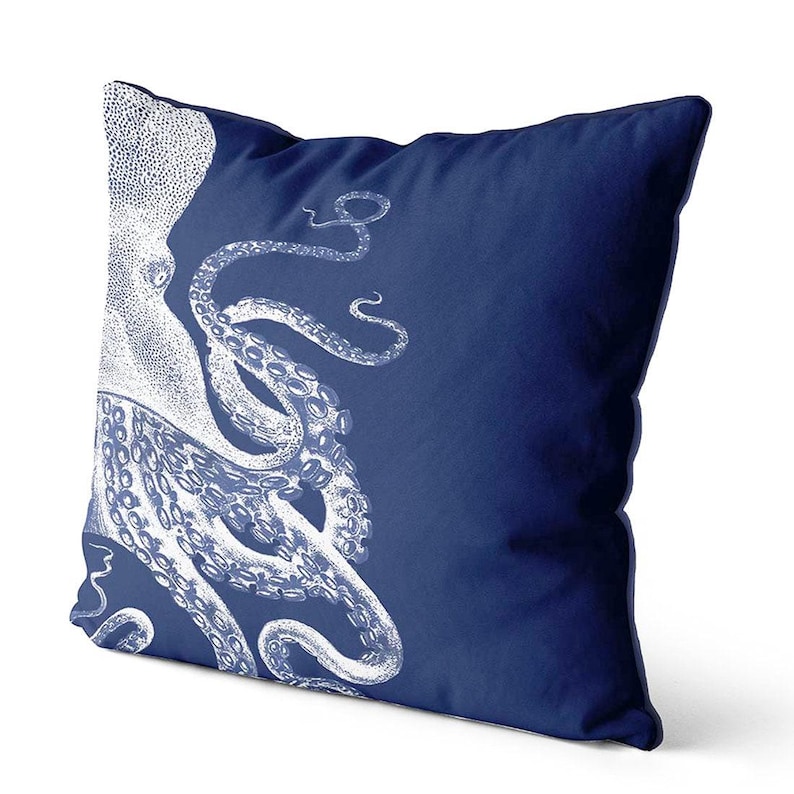 Set of 2 Octopus Pillow Covers, Navy Blue White Pillow Nautical Pillow, Beach House Coastal Living Decor, Under the Sea Themed Throw Pillows image 4