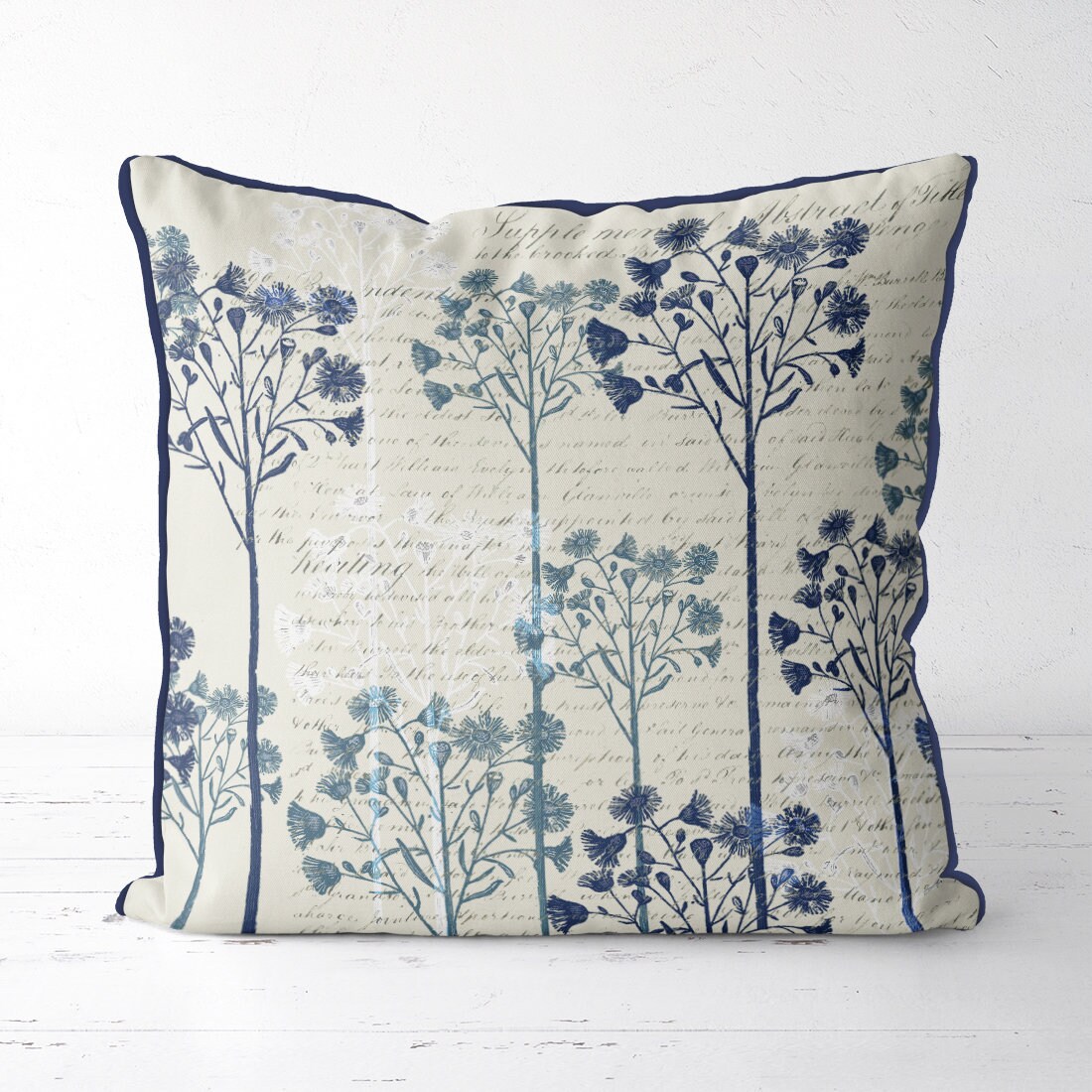 Blue floral Pillow Cover Botanical Print pillow Blue ...