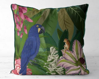 Blue parrot and monkey pillow cover, exotic tropical jungle cushion cover