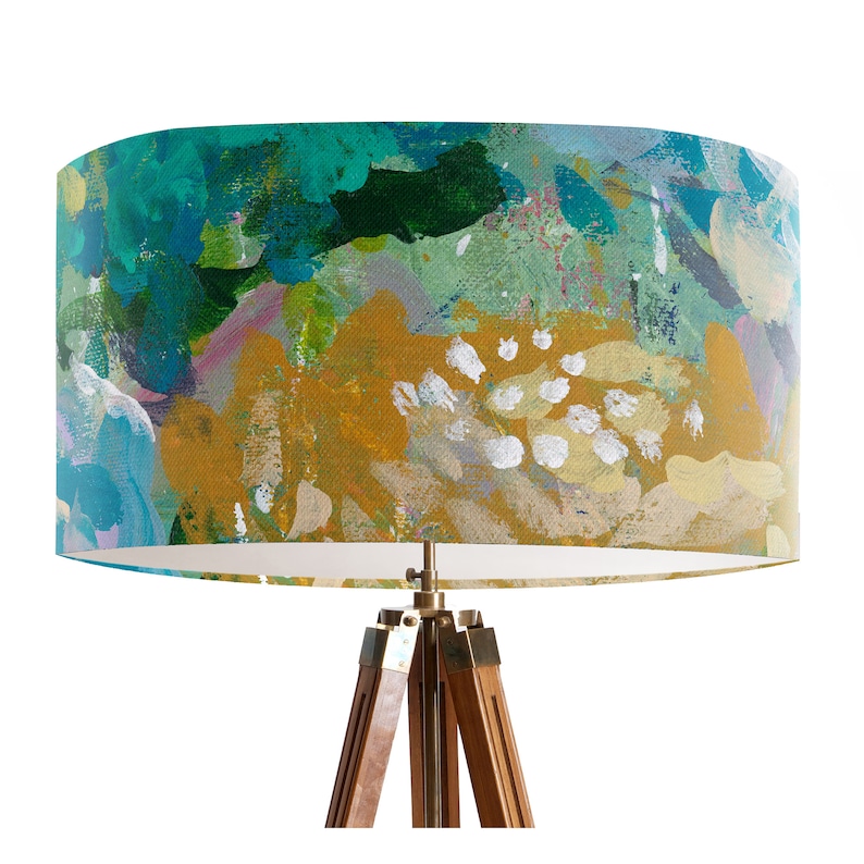 Celebrations Floral Lamp shade Drum lampshade, Blue floral lamp shade, abstract florals in blue and yellow image 5
