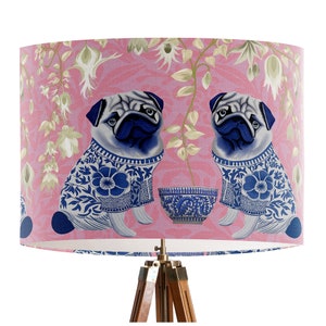 Chinoiserie Pugs on Pink Lamp Shade - pink and blue chinese style lamp shade, asian decor, cute pug dog gift idea, pink and blue spider lamp