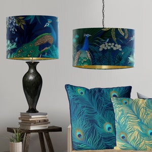 Peacock Garden Lampshade on Blue Large lamp shade with gold lining lampshade for table lamp pendant lamp shade for ceiling turquoise decor image 8