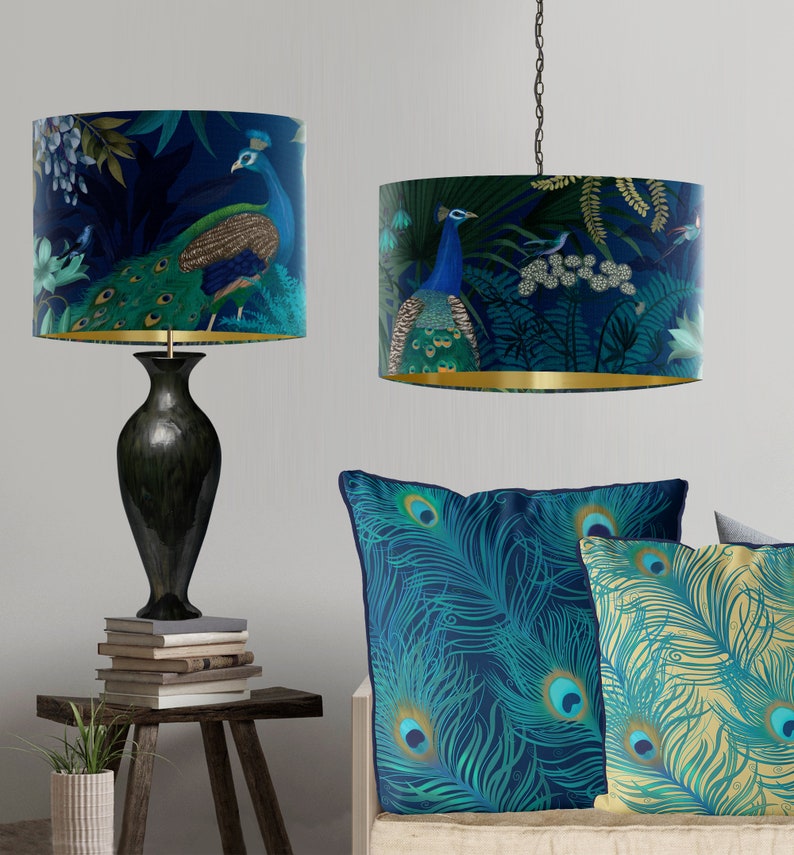 Peacock Garden Lampshade on Blue Large lamp shade with gold lining lampshade for table lamp pendant lamp shade for ceiling turquoise decor image 8