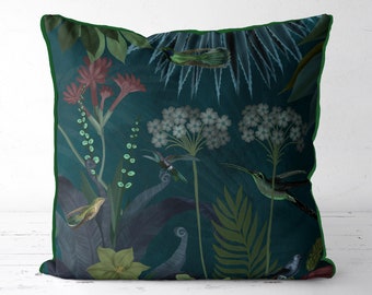 Hummingbird pillow cover, dark tropical cushion, botanical pillow, dark green pillow, bird cushions, bird toss pillow, tropical pillow cover