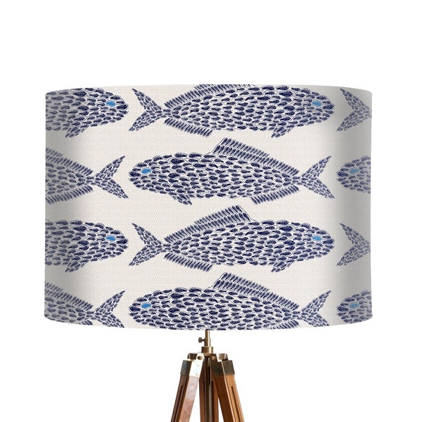 Navy Blue and White Fish School Nautical Lamp Shade - Coastal lampshade for table lamp, or pendant lamp shade, beach house seaside