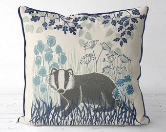 Badger pillow cover, woodland cushion cover - Country Lane Badger5 - Badger decor, Woodland forest animal english countryside UK shop seller