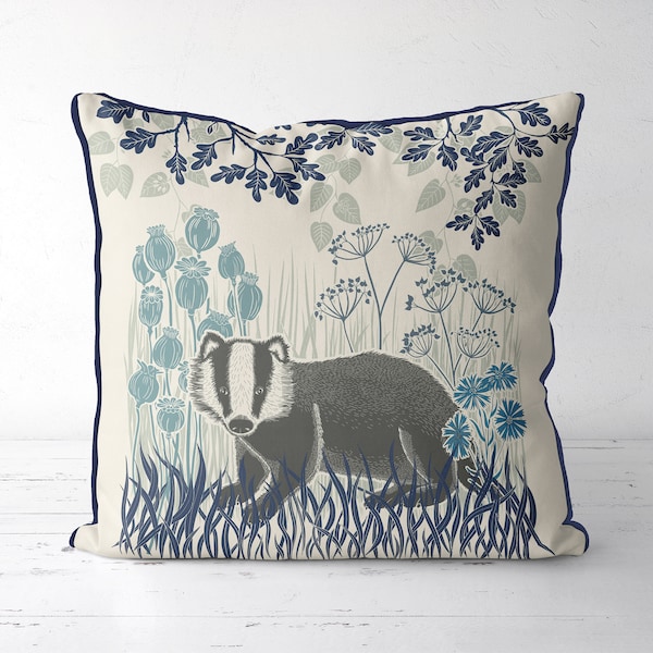 Badger pillow cover, woodland cushion cover - Country Lane Badger5 - Badger decor, Woodland forest animal english countryside UK shop seller