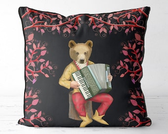 Bear pillow black accent pillow Bear cushion black pillow cover Woodland decor Woodland animal print musical Bear Minstrel music gift ideas