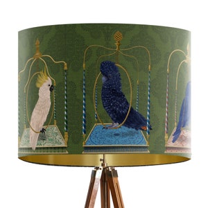 Parrot Swing Lamp shade on Verdant Green - Large lamp shade with gold lining, lampshade for table lamp pendant lamp shade for ceiling