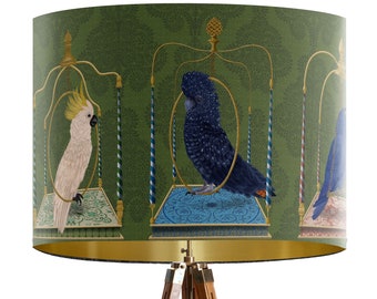 Parrot Swing Lamp shade on Verdant Green - Large lamp shade with gold lining, lampshade for table lamp pendant lamp shade for ceiling