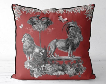 Tropical Red Lion Pillow cover - Red cushion cover, tropical decor, handmade throw pillow, designer home decor, jungle animal pillow, safari