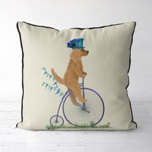 Federa per cuscino Cocker Spaniel dorato, federa per cuscino per cani, motivo: Penny Farthing da equitazione