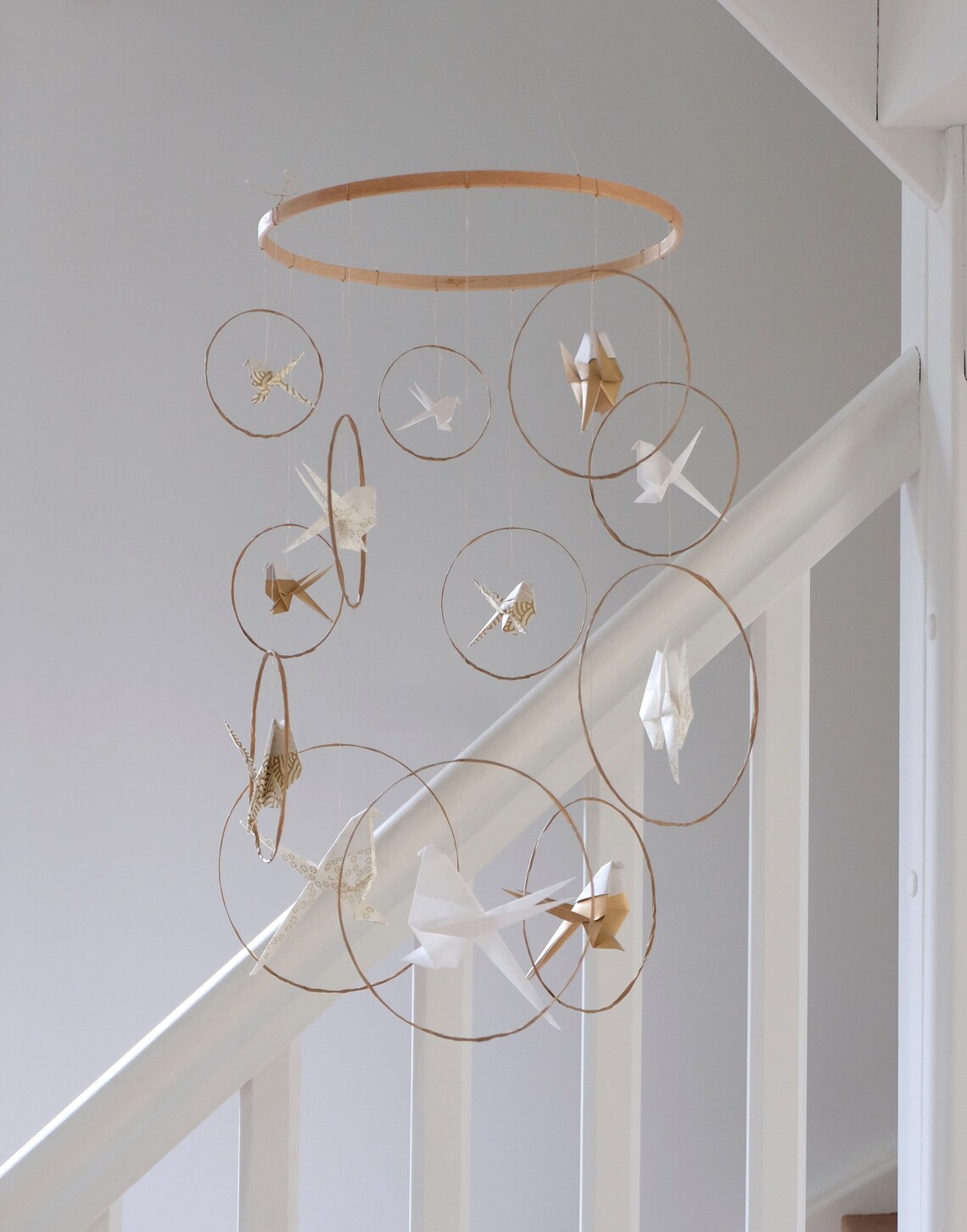 Mobile origami 12 on white round support gilded Etsy