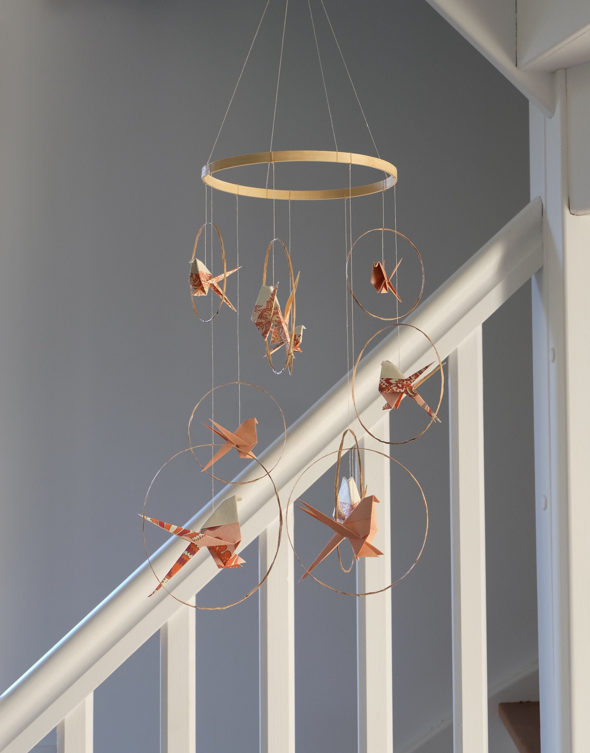 Mobile Origami Corail 9 Mésanges sur Support Rond