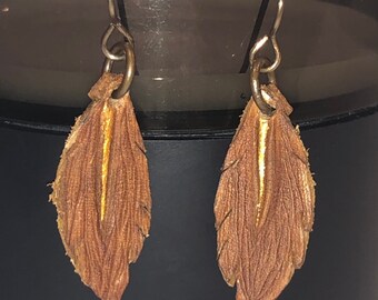 Handmade leather feather dangle earrings