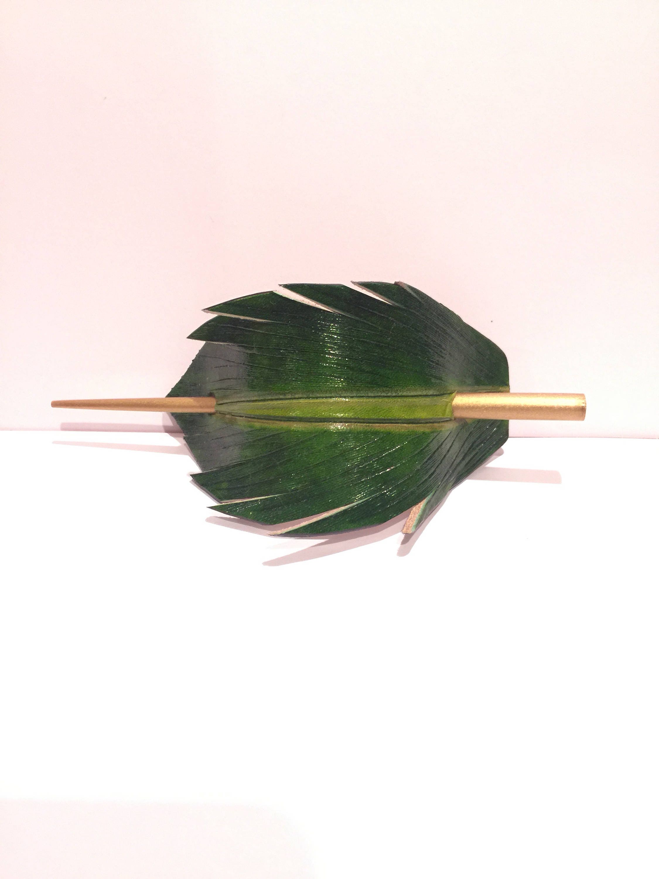 Handmade Green Leather Feather Hair Stick Barrette Etsy