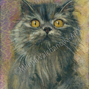 Grey Silver Angora Cat Print for her Cat painting  Cat art PRINT of watercolour painting  Cat PRINT art cat artwork cat decor wall Grey Cat