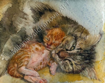 Maternal love-mother cat with little orange baby-PRINT of my original watercolor painting,Cat wall decor,cat lover gift cat artwork kitten