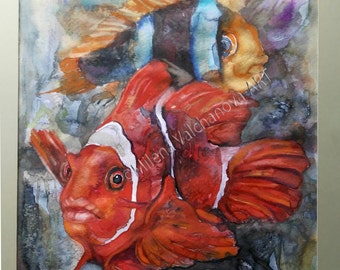 RED  Ocean Fish LIMITED EDITION Signed Fine Art Print by Artist Milena Valchanova Gift idea print, Watercolor Painting, Nautical Home decor