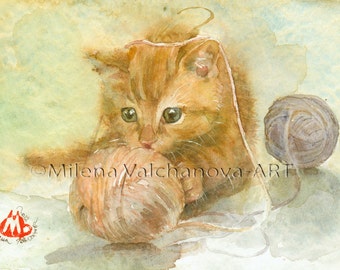 for her Cat painting  Cat art PRINT of watercolour painting  Cat PRINT art cat artwork cat decor wall Orange Cat, Кitten playing with balls