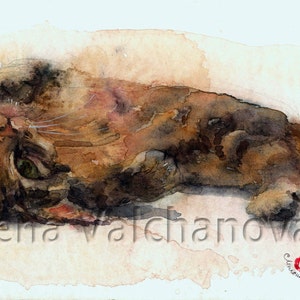 lying and purring-CAT ART PRINT -- watercolor cat painting, cat print, cat wall art, cat decor, cat lover gift, cat portrait