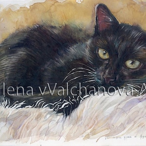 Black Cat, Original Watercolor by Milena Valchanni-Cat painting-Wall décor-Gift for women-9&quot; x15&quot;(23/39sm)-Original Watercolor Painting
