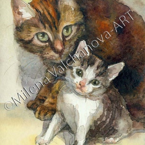 Mother with child-Cat Painting-Cat Lovers Gift- CAT ART PRINT - watercolor cat painting, cat print, cat wall art, cat decor