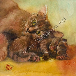 Mother with child Cat painting  Cat art PRINT of watercolor painting  Cat PRINT art cat artwork cat decor  Signed and stamped Giclee Print