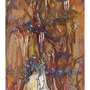 Abstract Landscape-Magic trees- PRINT of my original watercolor, home decor signed fine art print Wood and wrought iron  8&quot;x15&quot;(20,3/38,1sm)