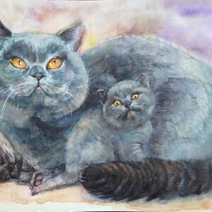 Britse korthaar Moeder Kat met kittens cadeau voor kattenliefhebbers PRINT van aquarel schilderij Kat PRINT Gesigneerd en gestempeld Giclee Print