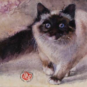 Longhair Siamese Cat Blue-eyed cute kitten-Unique CAT art-Limited edition signed and stamped art PRINT - watercolor wall art for Her