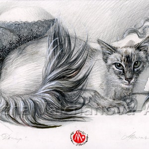 Touch-Girl en Cat-Nude Woman met exotische Cat-LIMITED EDITION Print van mijn originele potloodtekening -7,8"x11,8"- Krullend haar en steil haar-