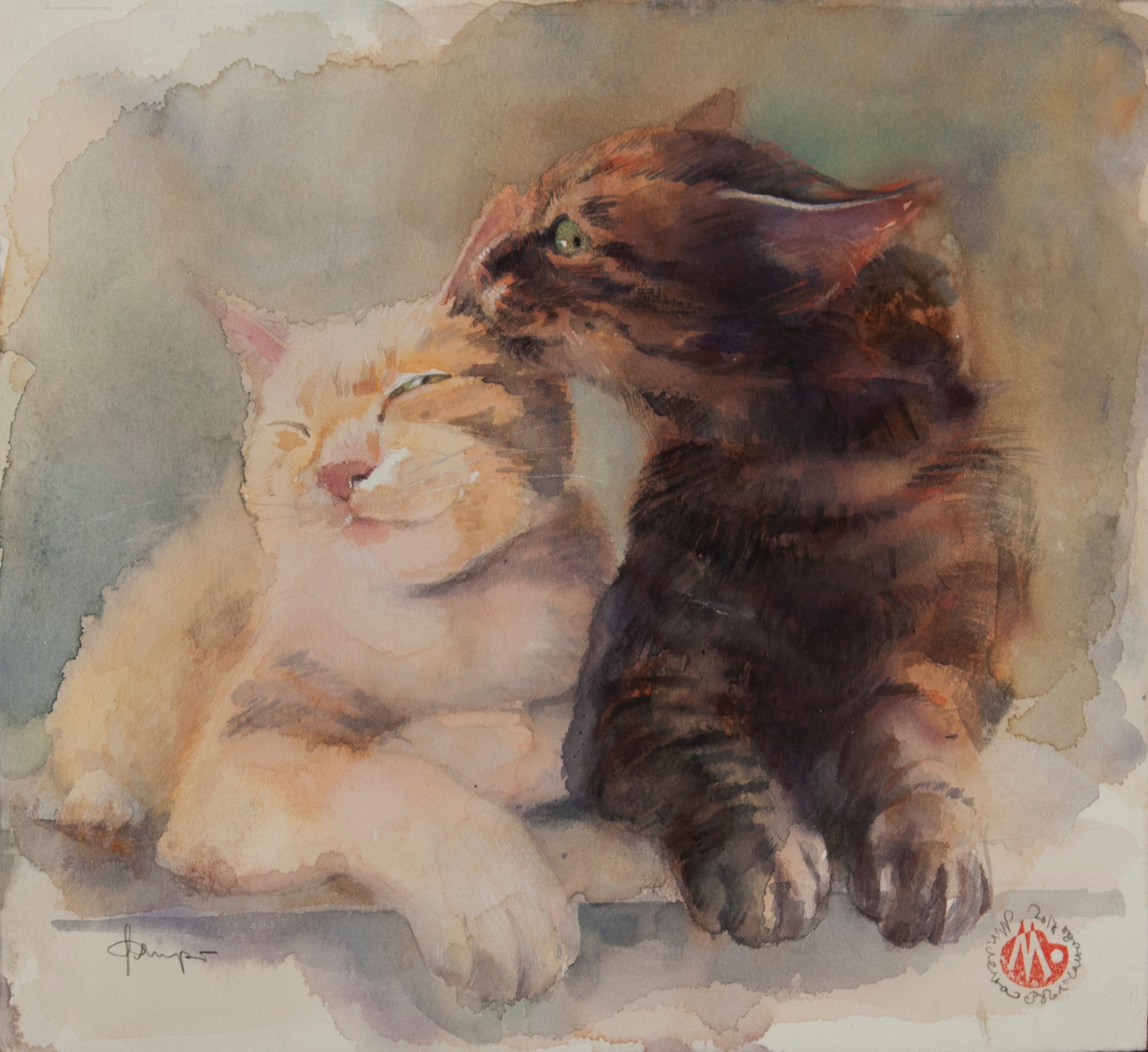 Love, whisper in the ear.Wedding-Loving Cats-Cat art print ,married couple, family watercolor-a couple in love, Gift for lovers-Spring mood