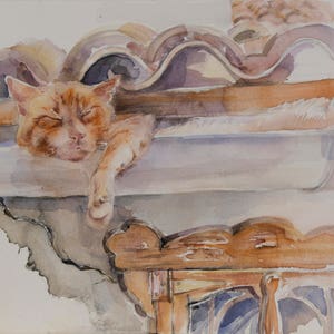 A sleeping cat in the gutter-ORIGINAL CAT art-Original Watercolor by Milena Valchanova - watercolor wall art for home-One of a kind