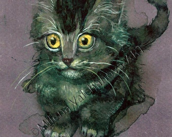 FREE SHIPPING- Cute Kitten-Cat Art Watercolor-Fine Art-One of a kind-Artist Artwork-OriginAL Watercolor-13x19sm
