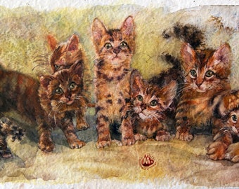 SEVEN Cute kittens-CAT art PRINT -watercolor cat painting-Unique gift for cat lovers-For her watercolor wall art for home