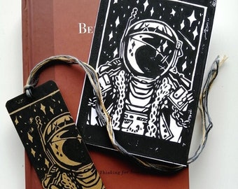 Hand Printed Astronaut Greetings Card, Unique Space Traveler Themed Gift Ideas, Illustrated Blank Cards, Sci-fi Inspired Original Art Prints